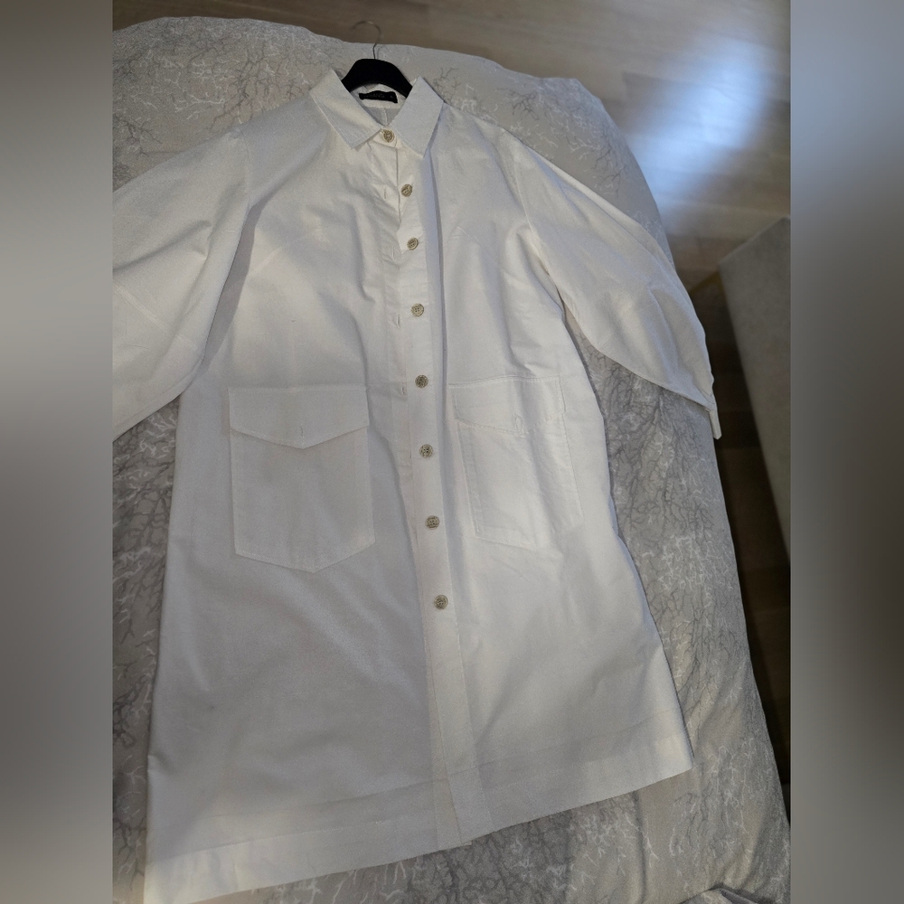 Women's White Button-Down Shirt Dress with Patch Pockets